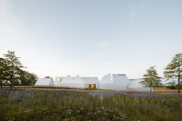 A colourful meadow with a simple aluminium building complex in the background, featuring few windows.