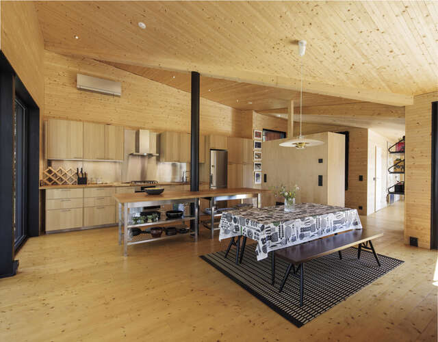 Interior space with all wooden surfaces and an angled ceiling