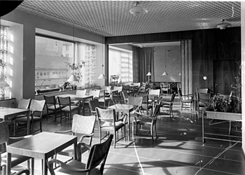 Black and white image of a café.