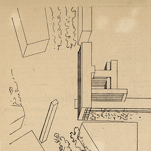 Drawing with geometrical shapes picturing the post office and its surroundings from an aerial perspective