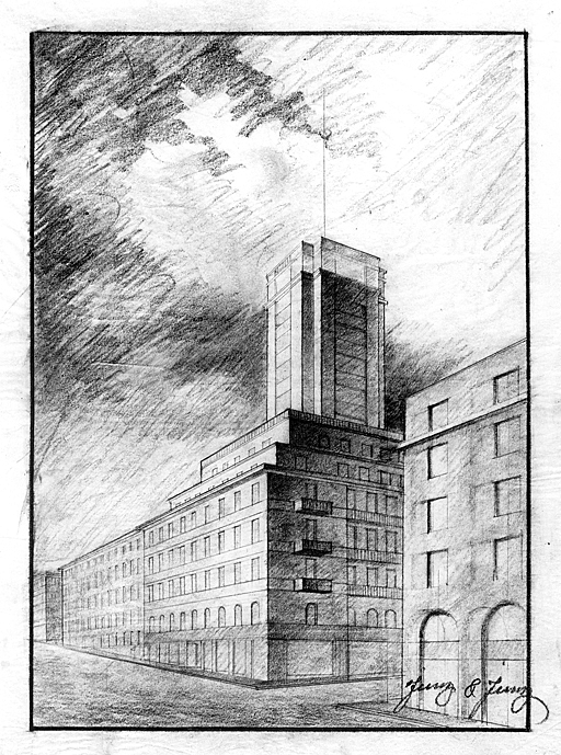 Black and white drawing of a high rise building with a square tower on top