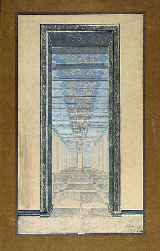 Painting of a hallway with an ornate ceiling in blue and gold viewed from a door.
