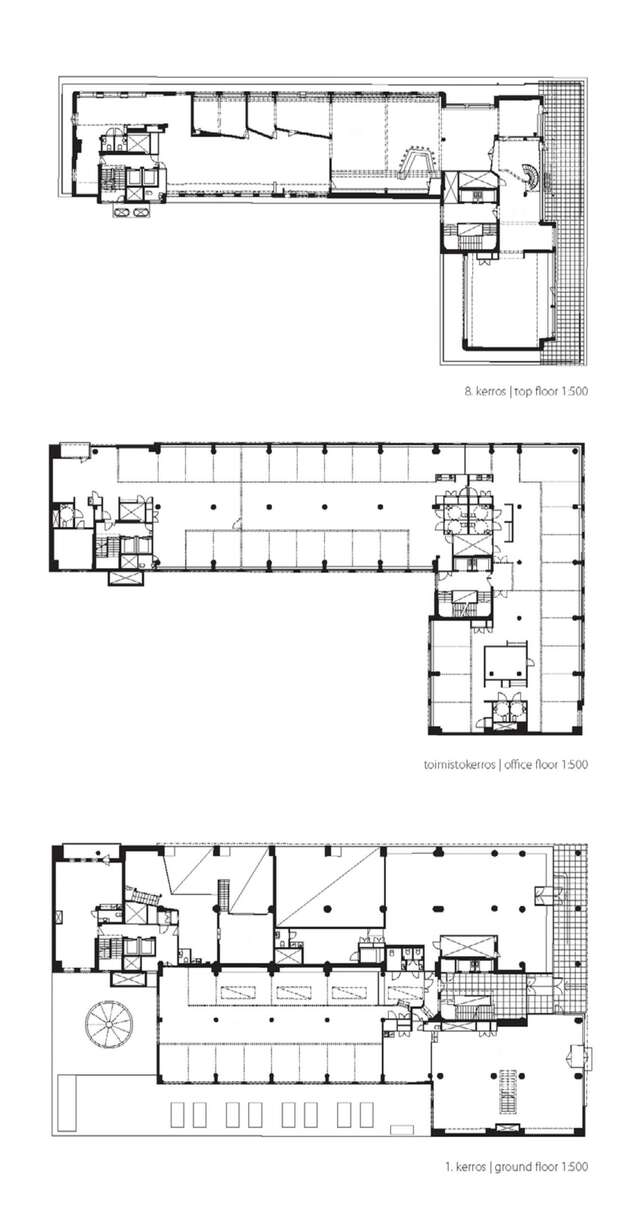 Floor plans of the top floor, office floor and ground floor