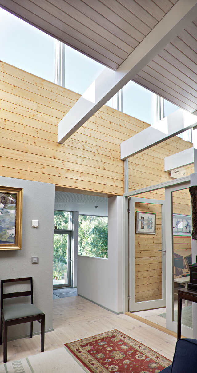 Two glass doors, window ribbon and balks under the roof