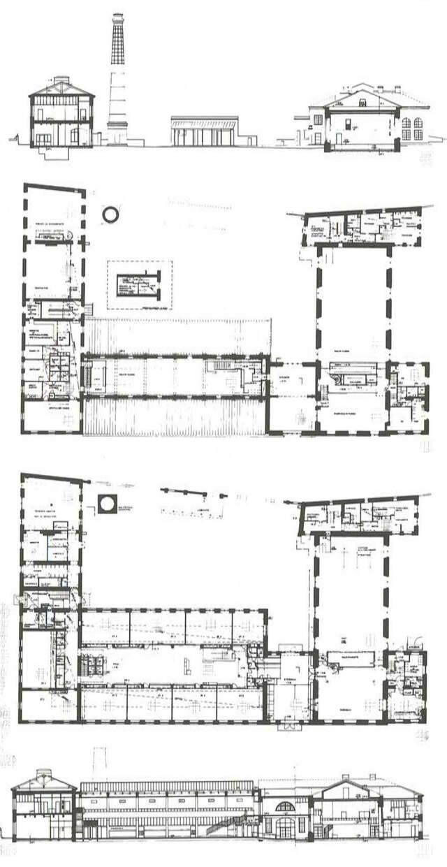 Longitudinal section across the yard, 1st floor and ground floor floor plans, longitudinal cross section at the hall and dining room
