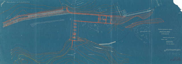 A hand drawn map with blue and red colours