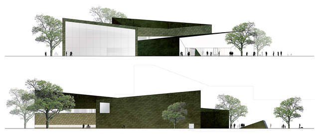 Green building with large glass windows