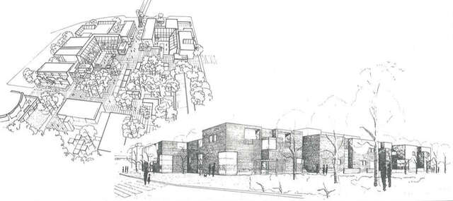 Axonometric drawing of the square, and perspective from the east