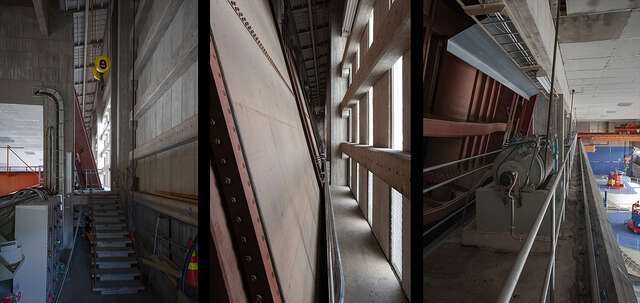 Three pictures taken inside the powerplant, showing the red and blue wall decorations and the concrete structures as well as the machinery.