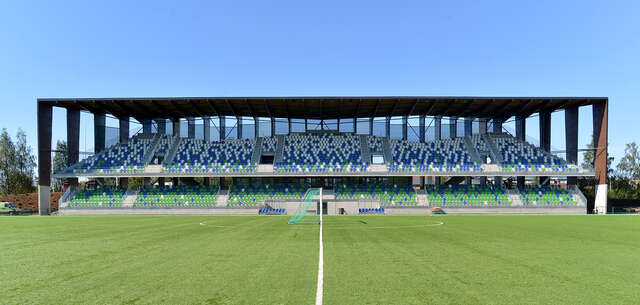 Front view of the spectator stand for the football pitch.