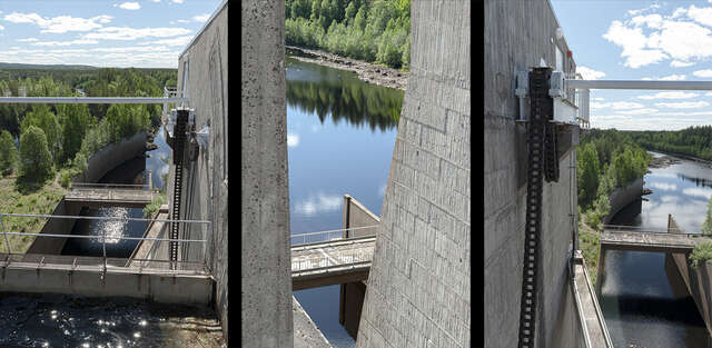 Series of photos taken from a high level on the power plant, showcasing the raw concrete structure and the river landscape view.