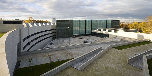 Yard of the museum on a sloped hill.