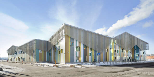 Colorful yet peaceful school facade.
