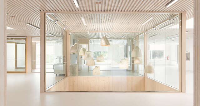 A large opening with glass walls.