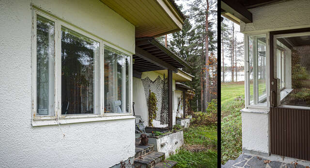 On the left rowhouse with white plaster walls and wooden lower roofs captured from the outside. On the right a photo of a corner window of the porch with white wooden frames captured with more details.