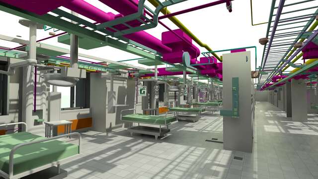 Computer drawing of an open layout hospital rom wit green and pink details.