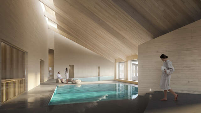 Indoor swimming pool with slanted wooden ceiling. Three people are around the pool.