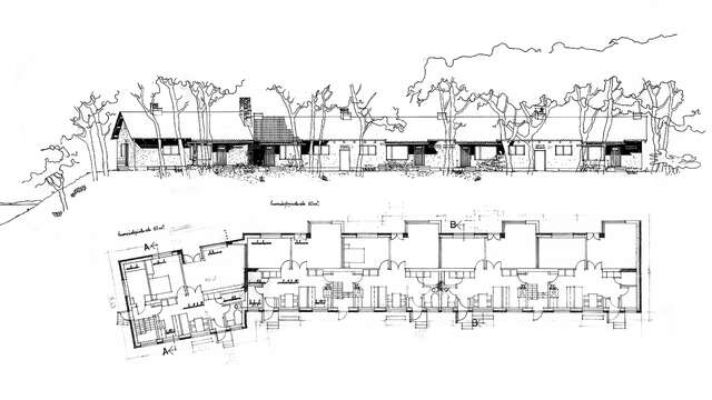 Black and white line drawing of the row houses that shows the low, horizontal form of the house blending into the landscape.
