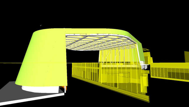 Computer drawing of a yellow building with yellow glass walls