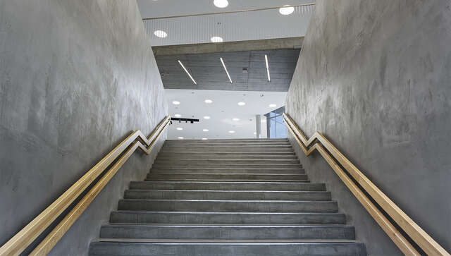 Concrete staircase with wooden railings.