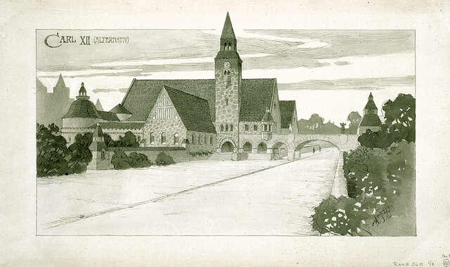 Alternative drawing for the museum with buildings connected to a bridge over the street