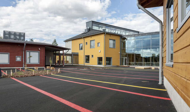 School yard with colorful lines on the concrete.