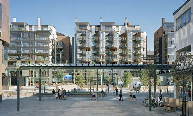 Apartment buildings next to the shopping centre.