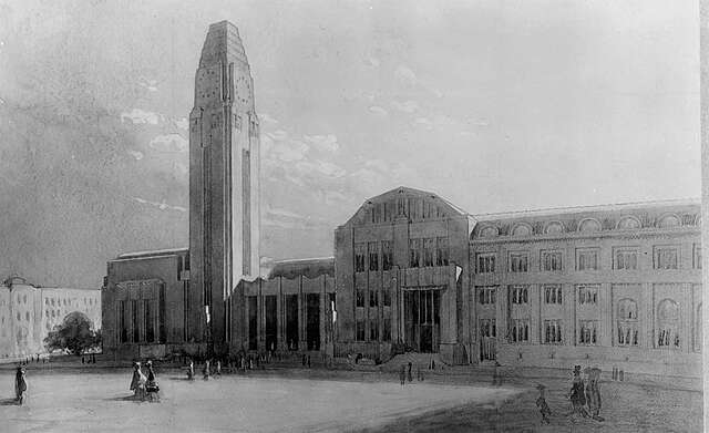 Drawing of people crossing the square of the railway station with the tower, semiarch entrance and connecting halls