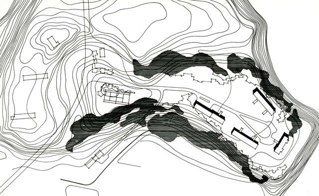 Black and white line drawing that displays the ground contours, and the road leading to the residential houses.