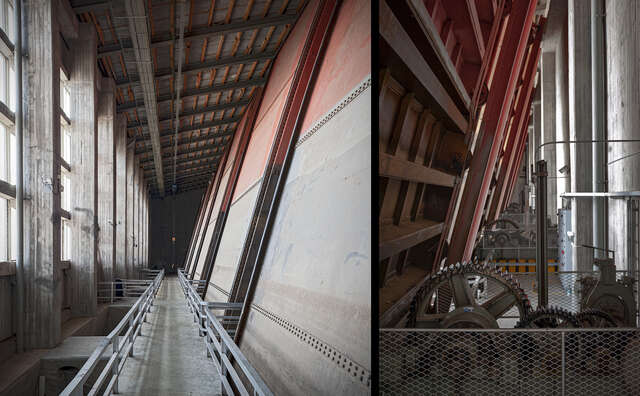 Natural light flows beautifully into the gate halls through the high vertical windows and raw concrete structure.
