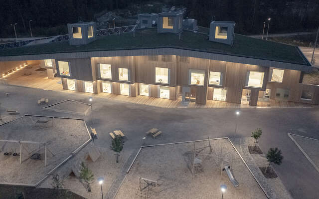 Aerial view of a large wooden building