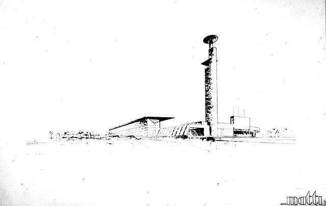 Drawing of a possible Olympic stadium in black and white.