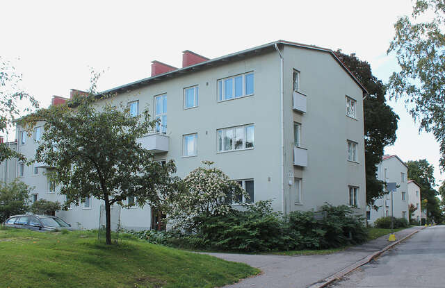 Street view, trees between lamel houses