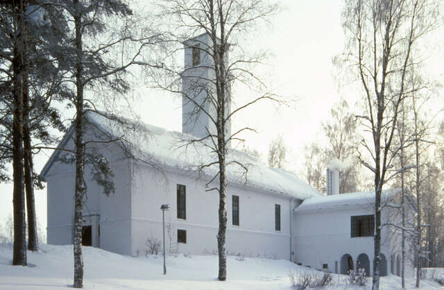 white facade on a snowy day