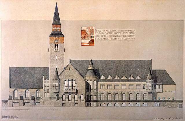 Drawing of the façade of a national-romantic building