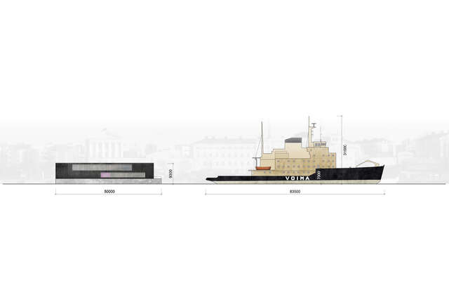 Scale model of the shipping headquarters compared to a ship.