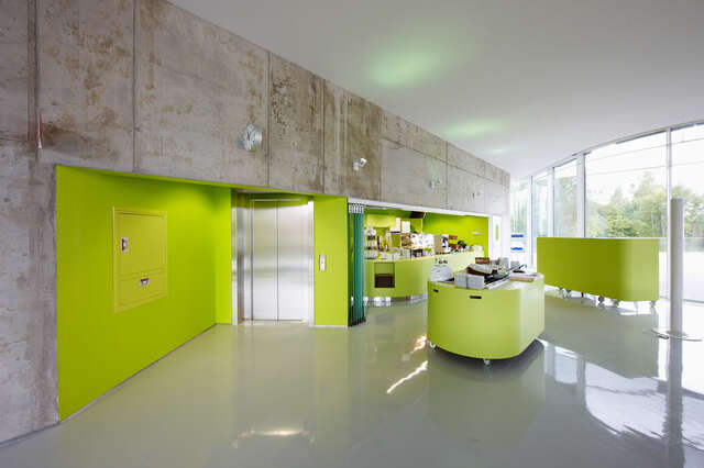 Shining white floor, fresh green café, concrete wall and large windows