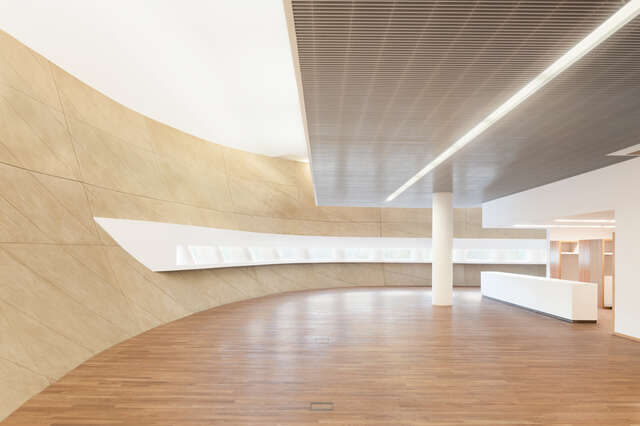 Curved space with small-scaled windows and wooden ceiling element