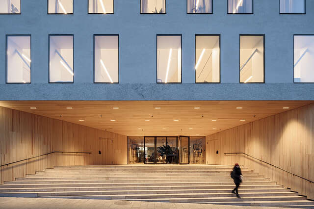 Close up shot of the wood covered entrance.