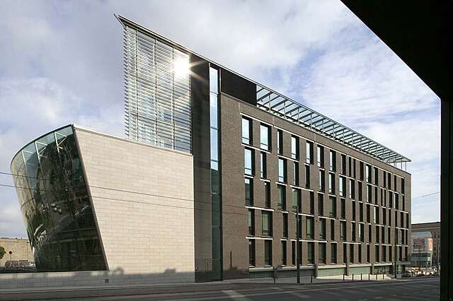 Brick facade of the parliament extension.