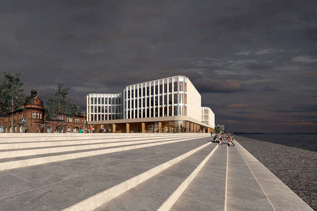 Entire building's exterior as seen from the shore.