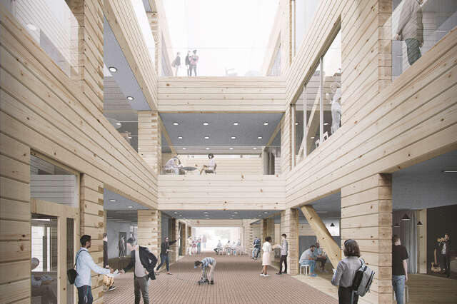 Lobby inside building with wooden elements. People on ground floor.