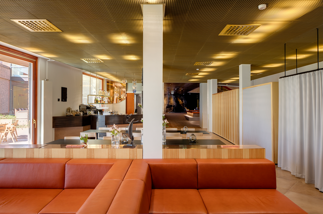 Lobby with brown sofas