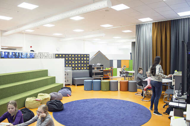 Creative space with colorful furniture.