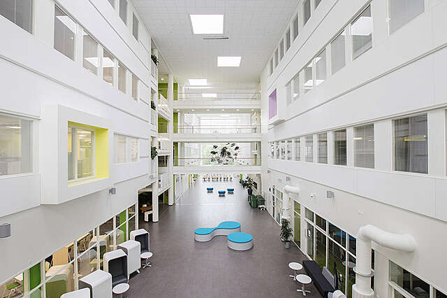 Atrium with windows looking at it.
