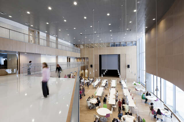 School canteen viewed from an upper hallway.