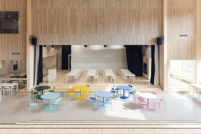 Large open area with colourful wooden furniture