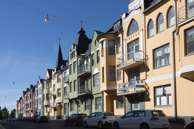 Row of colorful houses.