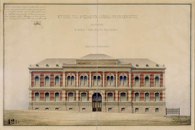 Rowing of a red building with white sturctural elements.