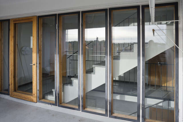 Glass door and tall windows to stairway